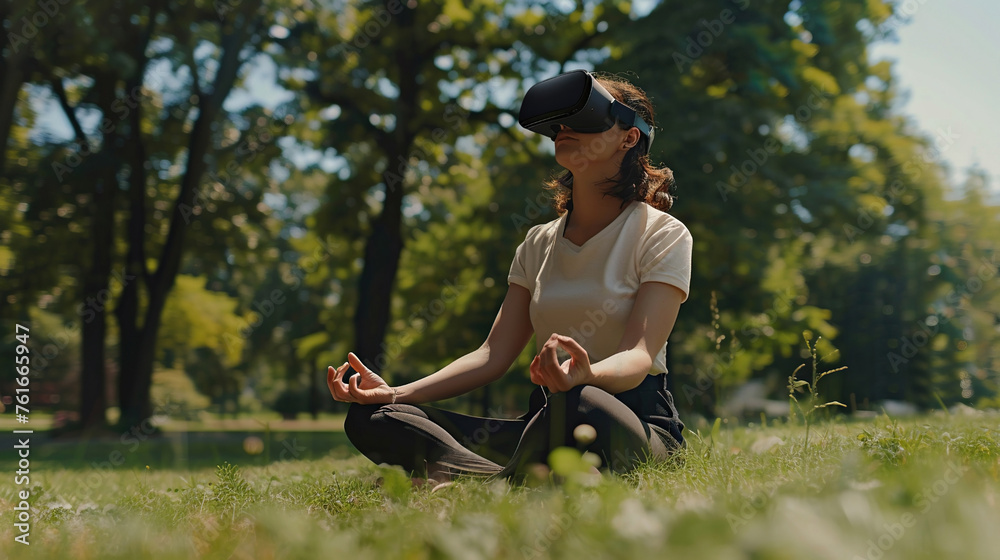 A woman practices meditation with a VR headset in a quiet garden, sitting in the lotus position on green lawn. Psychological health, relaxation, spiritual practices A woman practices meditation with a VR headset in a quiet garden, sitting in the lotus position on green lawn. Psychological health, relaxation, spiritual practices