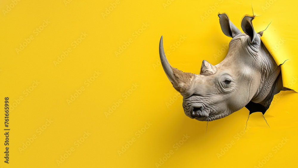 A captivating image of a rhino's face pushing through a vibrant yellow paper, symbolizing persistence and determination