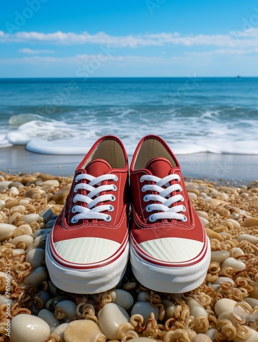 Red Shoes on Rocky Beach