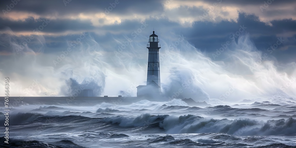 Tall lighthouse stands strong guiding ships safely through rough seas. Concept Maritime History, Navigation Aid, Coastal Landmark, Architectural Wonder, Guiding Light