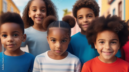 Group of Multi-ethnic children looking at camera and posing together. Diverse different cool school students boys and girls. Concept diversity and inclusion photo