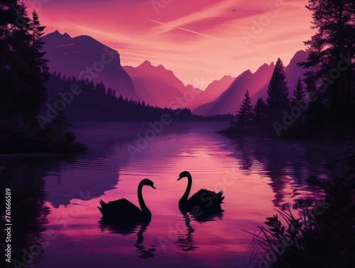 AI generated image of two swans silhouettes during beautiful sunset on lake. Sunset romance: Swans' silhouettes display love while floating at dusk
