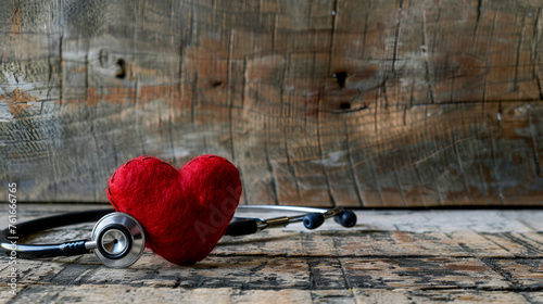 Red heart  and sethoscope on old wooden background with copy space photo