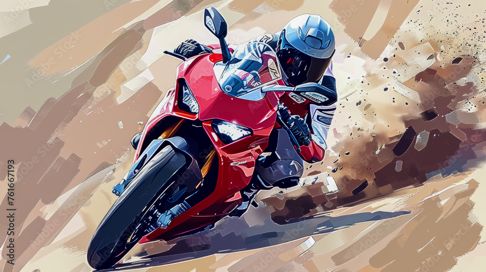 Red motorbike sports bike, on a race trace, dust cloud trail from behind the motorbike, shot from above. Simple flat illustration. Red motorbike sports bike, on a race trace, dust cloud trail from behind the motorbike, shot from above. Simple flat illustration.