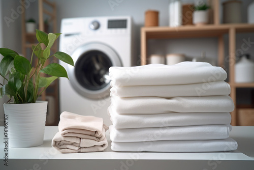 A stack of freshly laundered white laundry, things neatly folded against the backdrop of a washing machine in a laundry room or at home. Cleanliness and hygiene. © syhin_stas