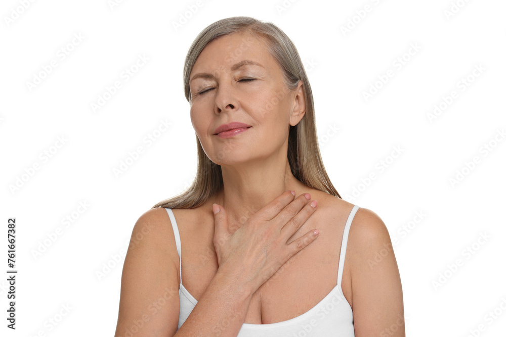 Beautiful woman touching her neck on white background Beautiful woman touching her neck on white background