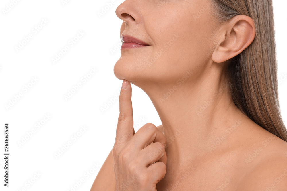 Mature woman with healthy skin on white background, closeup Mature woman with healthy skin on white background, closeup
