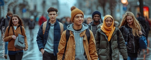 Diverse and mixed group of young people walking on a sidewalk in the city