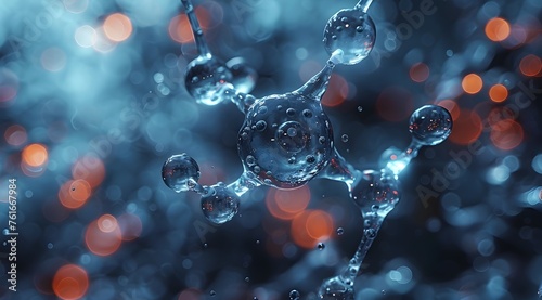 Future Nano Technology Concept: Water Molecules in Cinematic Focus against a Dark Blue and Orange Bokeh Backdrop