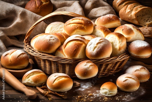 Soft bread rolls in wicker basket.