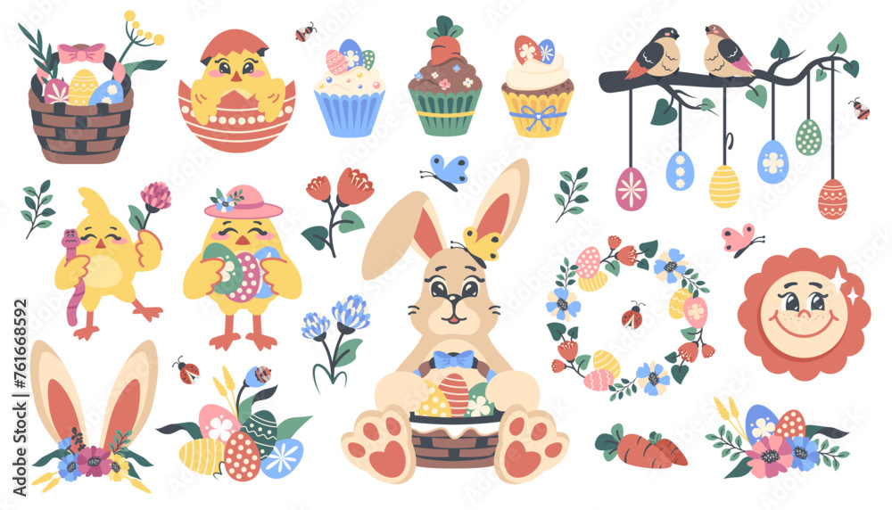 Set of easter stickers isolated. Easter bunny, chickens, basket, egg, wreath, birds on branch. Hand draw doodle elements for decorated greeting card, poster, party. Vector  Cartoon flat illustration