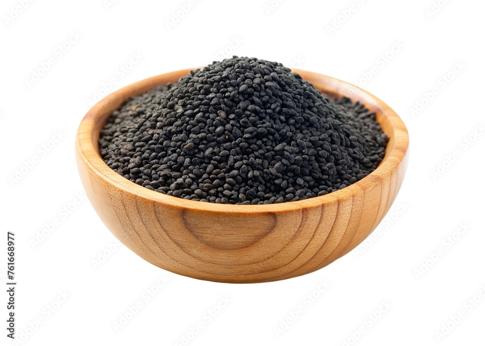 Wooden bowl of black sesame seeds. isolated on transparent background. Wooden bowl of black sesame seeds. isolated on transparent background.