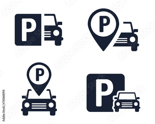 Parking icon set. Parking and traffic signs isolated on white background. Parking and car road sign and pin marker icon. Car parking icon. Vector illustration.