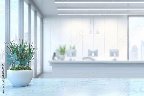 The background is a blurred modern workspace with a window and light  suitable for offices or hospitals. It is a white indoor interior with copy space for advertising and business presentations.