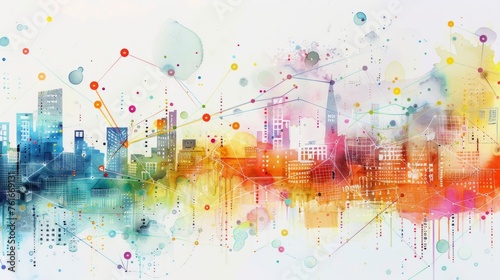 Abstract smart city watercolor painting, data connection with colorful lines and dots representing digital connectivity on white background.