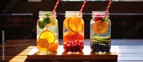 Three jars of assorted fruits with straws placed on a wooden table. The fruitinfused drinks are ready to be enjoyed as a refreshing beverage