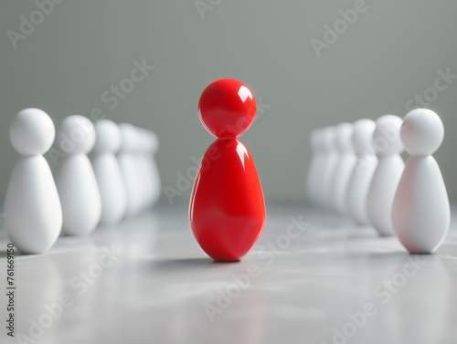 A singular red pawn stands facing a line of white pawns, highlighting a strong, distinct presence.