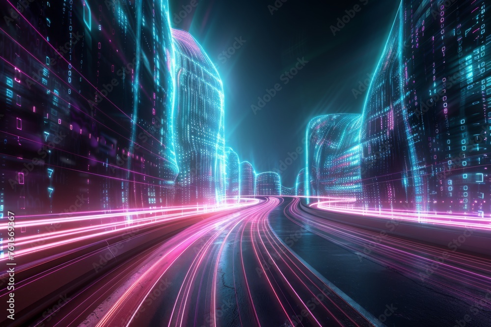 Glowing stream of information path through digital binary towers. Concept of high speed network, big data and machine learning. Glowing stream of information path through digital binary towers. Concept of high speed network, big data and machine learning.