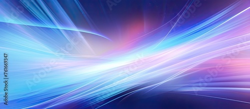 A computergenerated image featuring an abstract background with shades of electric blue, purple, and violet resembling a sky filled with clouds and space gas. The horizon fades into magenta hues