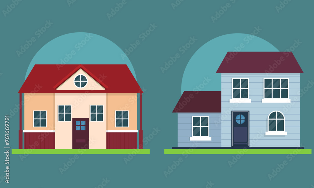 Flat Style Modern Detailed Colorful Cottage Houses Buildings Vector Illustration
