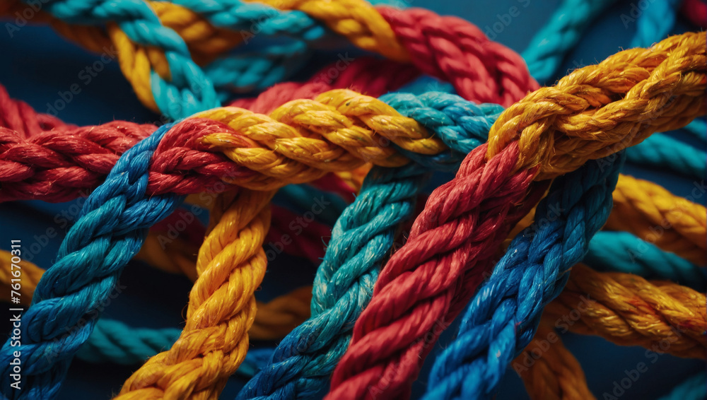 Dynamic visual representation of a team harnessing their diverse strengths, symbolized by a network of interconnected ropes, against a backdrop of vibrant colors signifying unity and empowerment.