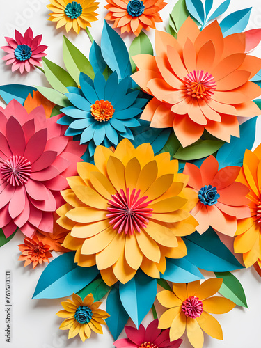 Paper flowers background. Paper origami flowers on white background.