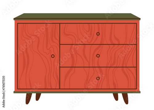 Chest of drawers. Red wooden modern commode or dresser for home interior. Trendy storage furniture in scandinavian style for living room. Flat vector illustration isolated on a white background.