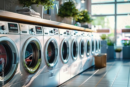 Sunset Glow Illuminates a Neat Row of Modern Washing Machines, Surrounded by Lush Green Plants in a Clean, Bright Urban Laundromat, Depicting Everyday Life and Chores.