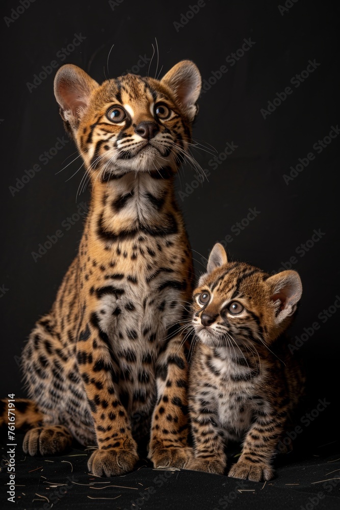 Male ocelot and kitten portrait, text space, object on side, perfect for custom messages