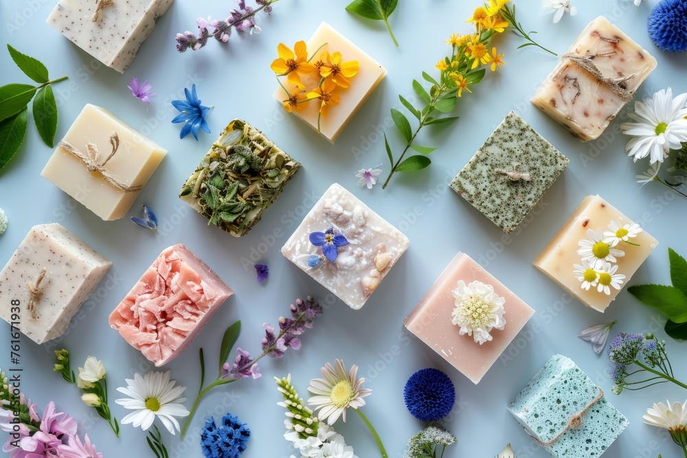 Vibrant handcrafted floral soaps displayed amidst scattered petals on a soft pastel background. - obrazy, fototapety, plakaty 