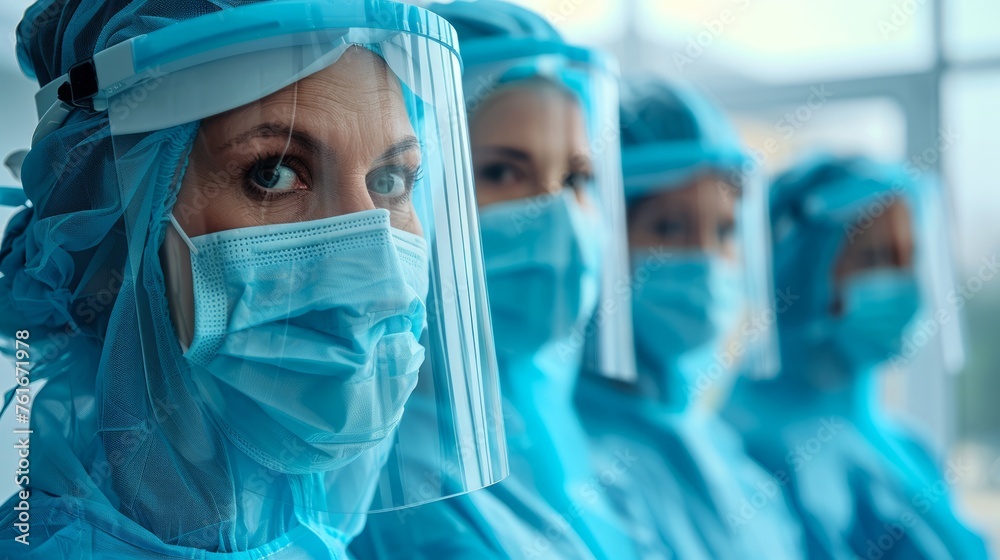 Team of surgeons in masks and protective gear, focused before performing a critical operation Team of surgeons in masks and protective gear, focused before performing a critical operation