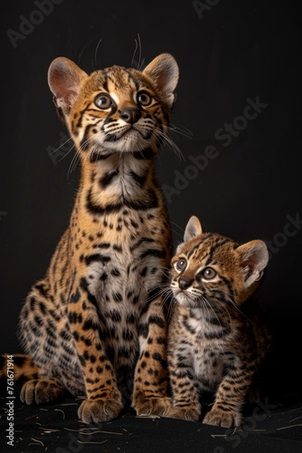 Male ocelot and kitten portrait, text space, object on side, perfect for custom messages