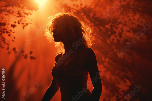 Portrait of a woman in sunlight on a landscape background.Generative AI