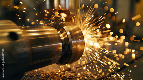 Internal grinding of a cylindrical part with an abrasive wheel on a machine, sparks fly in different directions. Metal machining photo
