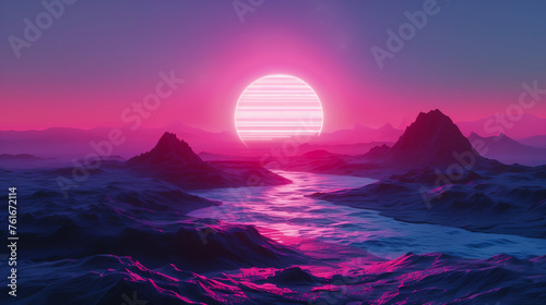 Glowing retrowave sunset over a barren landscape with mountains. Fantasy background 1980s style 