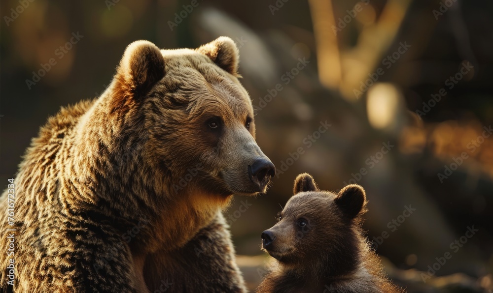 Obraz premium A cute little bear cub and its mother Generative AI