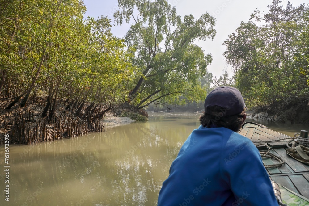 Traveling around the Sundarbans canal by boat.Sundarbans is the biggest natural mangrove forest in the world, located between Bangladesh and India.