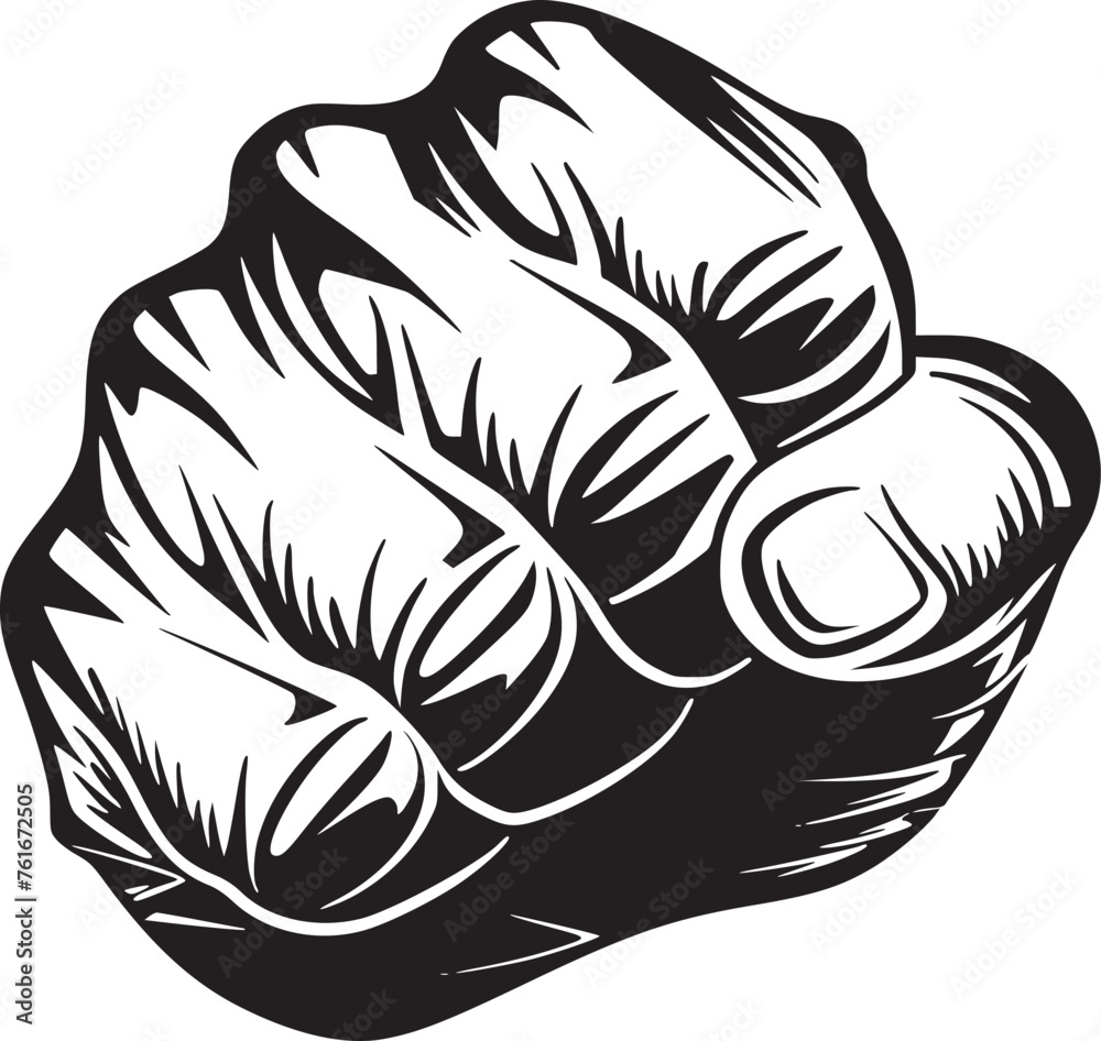 Illustration of a front view of a right human hand punching towards viewer in a retro woodblock style