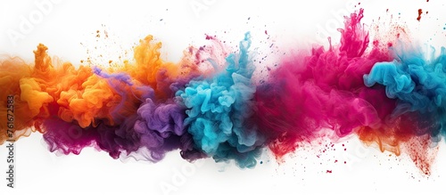 a row of colorful smoke coming out of a container on a white background . High quality
