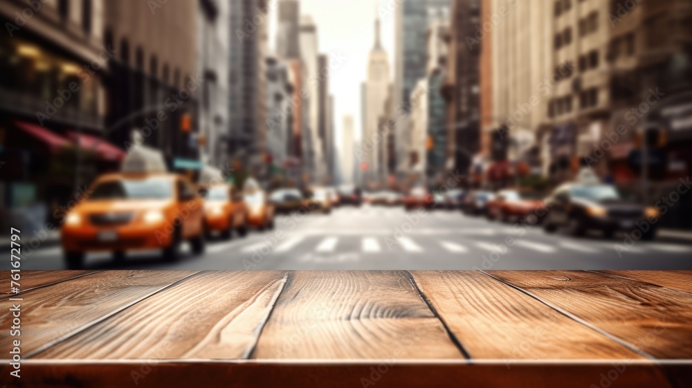 The empty wooden table top with blur background of NYC street. Exuberant image. generative AI