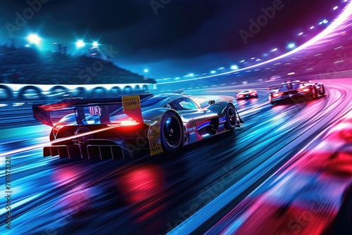 Multiple high-performance racing cars competing fiercely on a circuit, showcasing speed and skill, A thrilling night race with sport cars lighting up the track, AI Generated