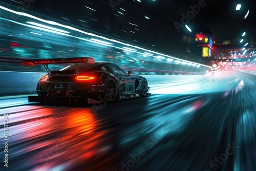 A car with headlights on drives through a dark tunnel at night, illuminated by the tunnel lights, A thrilling night race with sport cars lighting up the track, AI Generated