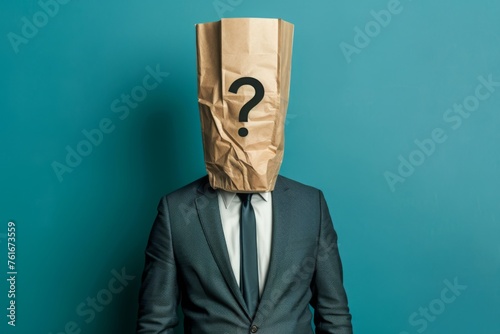 Businessman wearing paper bag on head with a question mark concept