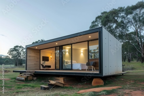 A house constructed entirely from shipping containers sits in a grassy field, showcasing resourcefulness and functionality, A tiny minimalist house designed for sustainable living, AI Generated
