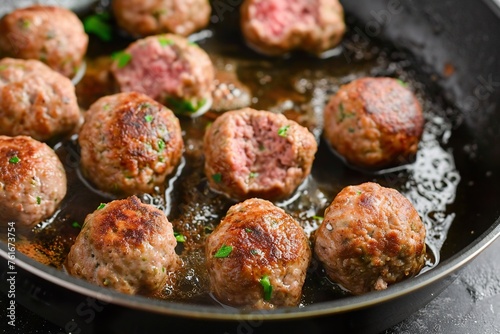 Skillet with freshly made homemade meatballs in sauce.