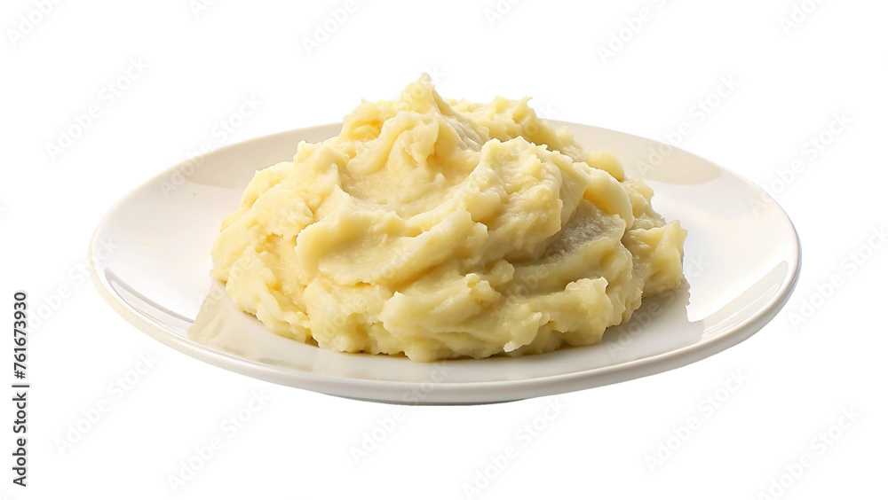 White plate of boil potato mashed. isolated on transparent background.