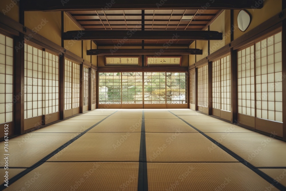 An unoccupied room featuring traditional tata mats placed on the floor, A traditional Japanese empty classroom with tatami flooring, AI Generated An unoccupied room featuring traditional tata mats placed on the floor, A traditional Japanese empty classroom with tatami flooring, AI Generated