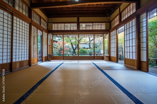 An interior photograph showcasing a room featuring a spacious window and a rug placed on the floor  A traditional Japanese empty classroom with tatami flooring  AI Generated