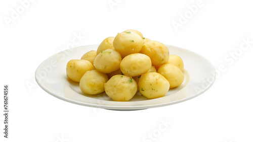 White plate of peeled boiled potatoes. isolated on transparent background.