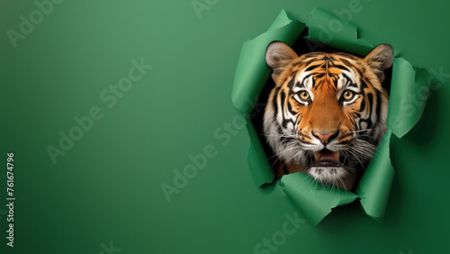 Artistic image showcasing a tiger poking its head through a torn green paper, suggesting curiosity and exploration